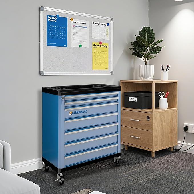 LARBANKE 7-Drawer Rolling Tool Chest with Lock&Keys and Swivel Casters,Tool Chest with Multi-Sizes Drawers and Multifunctional Countertop,Special Connect Rods for Connection with 5-Drawer Tool Cabinet