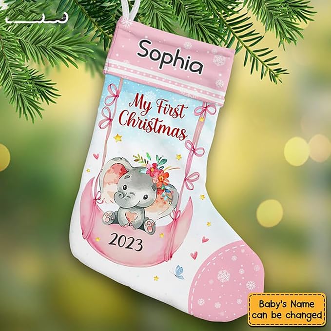LOVELYPOD Christmas Stockings Personalized with Name, 19" Christmas Stocking Baby Gift My First Christmas Pink Elephant Stocking 2023, Xmas Stocking Holiday Christmas Decoration Gifts for Family Kids