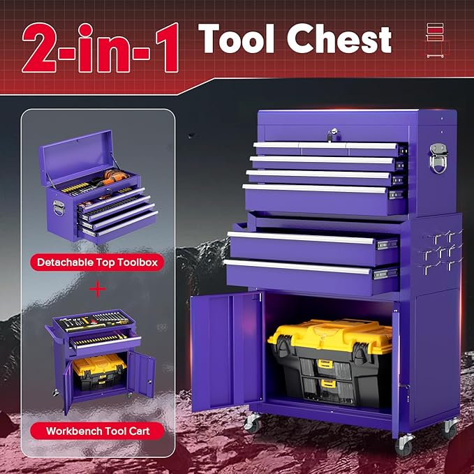 Superday Metal Tool Chest, 8 Drawer Rolling Tool Chest with Wheels, Detachable Tool Storage Cabinet with Lock for Garage, Steel Tool Cart with Liner & Hooks for Workshop, Warehouse (Purple)