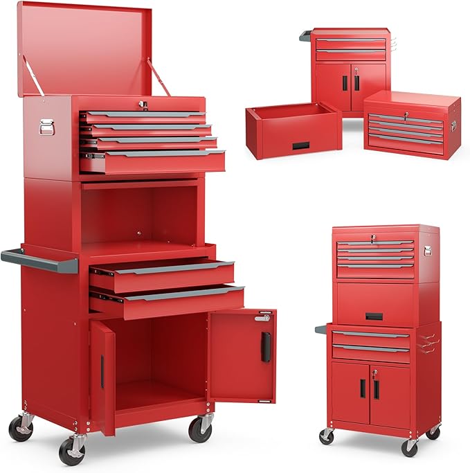ERGOMASTER Large Rolling Tool-Chest with 6 Drawers Heavy Duty Tool-Box on Wheels Lockable and Lock System Cabinet for Garage Workshop(28 x 13 x 53''-Red)