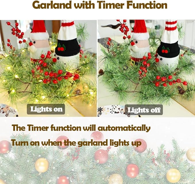 Christmas Garland Lights 6.56 FT Smokey Pine Garland with 30 LED Fairy Lights Battery Operated Garland Lights with Red Berries Bells Pine Cones Christmas Indoor Home Decorations