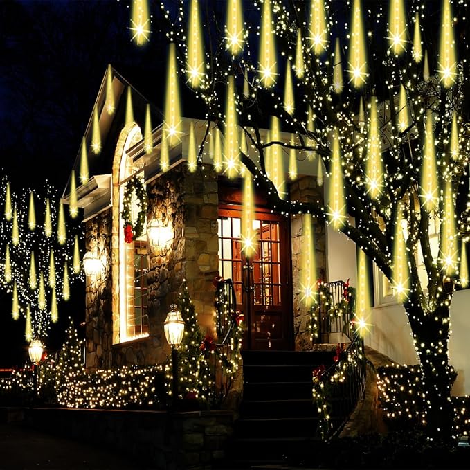 Christmas Lights Outdoor, UL Certified Falling Rain Drop Light 8 Tubes 192 LED Meteor Shower Snow Dripping Icicle Lights for Xmas Tree Christmas Decorations Holiday Party, Warm White