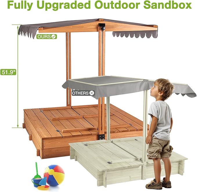 GUTINNEEN Wooden Sandbox with Adjustable Canopy, Outdoor Kids Sand Box with Foldable Benches, Sand Liner, Retractable Roof, 47¡±Lx47¡±Wx52¡±H