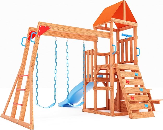 Dolphin Playground Cedar Wooden Swing Sets for Backyard, Outdoor Playset for Kids with Monkey Bar, 2 in 1 Outdoor Table, Wave Slide, Climbing Wall, and 2 Belt Swings, Playground Sets for Backyards