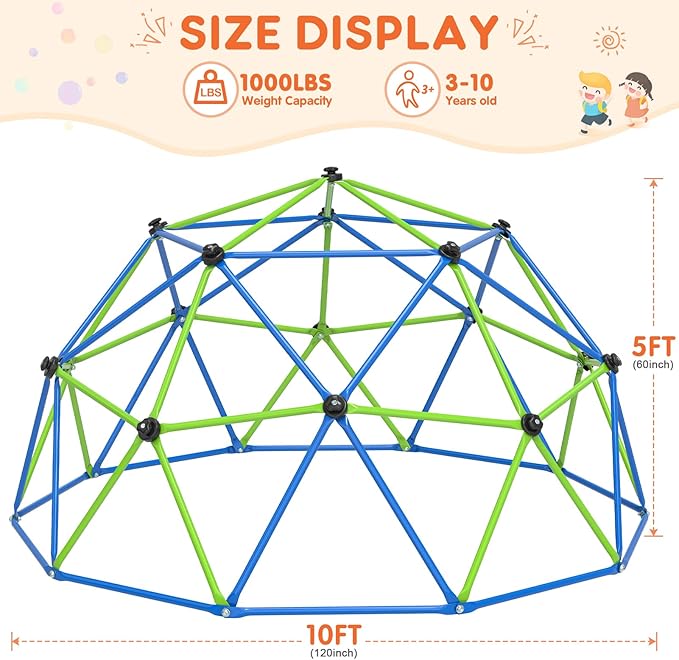 Climbing Dome, 10FT Geometric Dome Climber Jungle Gym Playground Backyard for Kids, 2024 Upgraded Model Indoor Outdoor Toddler Play Equipment, Safety Certified, Easy Assembly