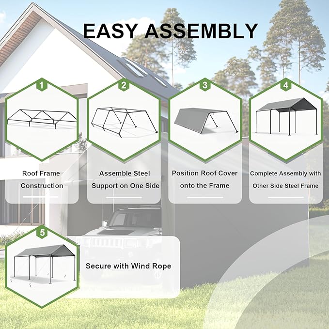 Outdoor Carport 10x20ft Heavy Duty Car Tent, Portable Garage Canopy Storage Shed, All-Season Tarp Tent for Car, Party (Bg)