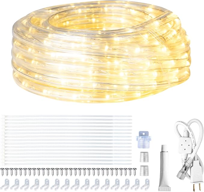 SURNIE LED Rope Lights Outdoor Warm White, Waterproof 25FT Cuttable 3000K Soft Lighting Indoor 110V Flexible Clear Tube for Bedroom Outside Garden Deck Patio Camping Decor, Not Flat Strip