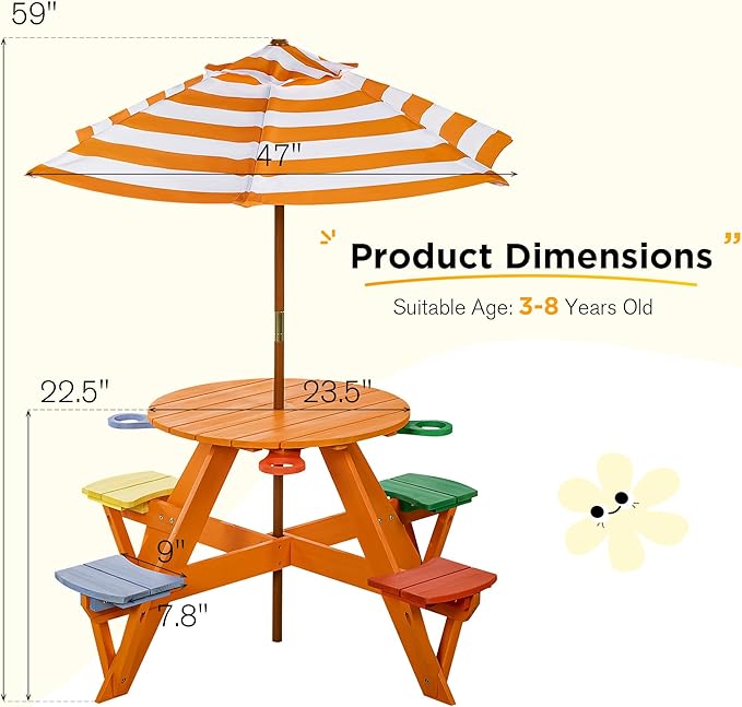 Kids Picnic Table & Stool Set, Outdoor Wood Round Table & 4 Bench, Toddler Picnic Table Set w/Height Adjustable Umbrella, Children Activity Table w/Cup Holders for Patio, Garden, Backyard