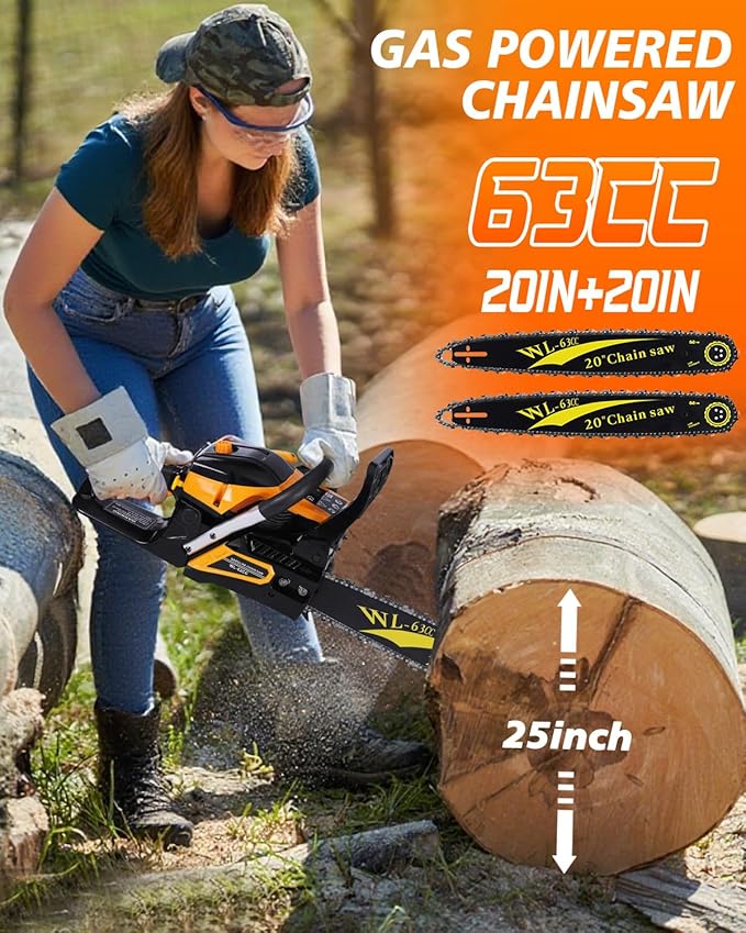 63CC Gas Powered Chainsaw 20 Inch, 2-Cycle Engine with 2 Chains & Bars, Heavy Duty Gas Chain Saw for Tree Felling, Logging, and Firewood Cutting (WTH985)