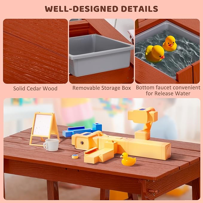 Kids Picnic Table with Umbrella, Outdoor Wooden Table & Bench Set w/Cushions & 2 Removable Boxes, 4-in-1 Children Sand and Water Activity Furniture w/Storage Cover for Patio, Garden