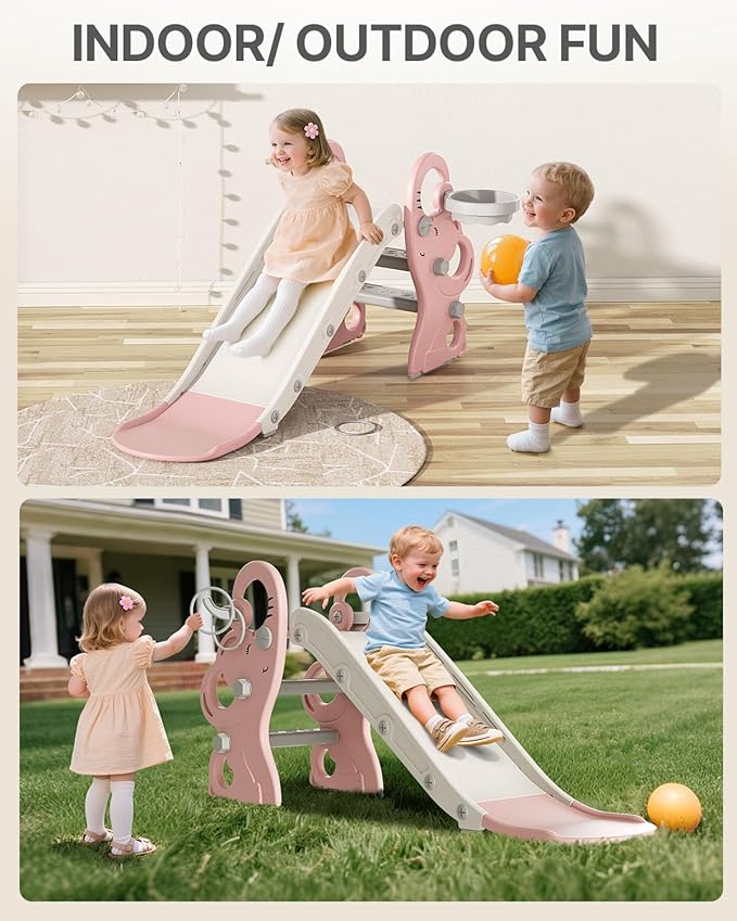 Babytronic Toddler Slide, Kids Indoor Outdoor Playset with Basketball Hoop & Ring Toss, Foldable Baby Plastic Slide, Outdoor Playground Climber Slide (Pink&White)