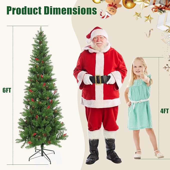 6FT Artificial Slim Christmas Tree, Pencil Christmas Tree UV Resistant Outdoor & Indoor Xmas Decor with Red Berries & Pine Cones for Holiday Décor