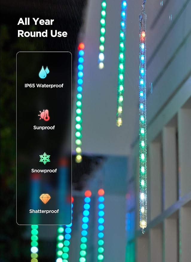 Smart Meteor Shower Lights Outdoor, 16Tube 256LED 24.6ft Color Changing Dripping Icicle Christmas Lights for Outdoor Outside, APP Controlled RGB Customize Display DIY Dynamic Lighting Effec