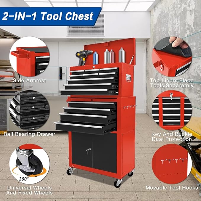 13-Drawer Rolling Tool Chest with Double Door, Extra Large Storage Cabinets with Tool Box, 2-in-1 Detachable Design, 600 lbs Capacity with Lockable Wheels for Garage, Mechanic & Home Use (Red£¦Black)
