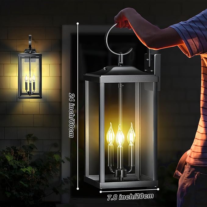 2 Packs 24" Extra Large Dusk to Dawn Light Fixture 3-Light, Black Outdoor Porch Lantern Wall Mounted, Waterproof Modern Outside Wall Sconce Coach Lamp for House, E12