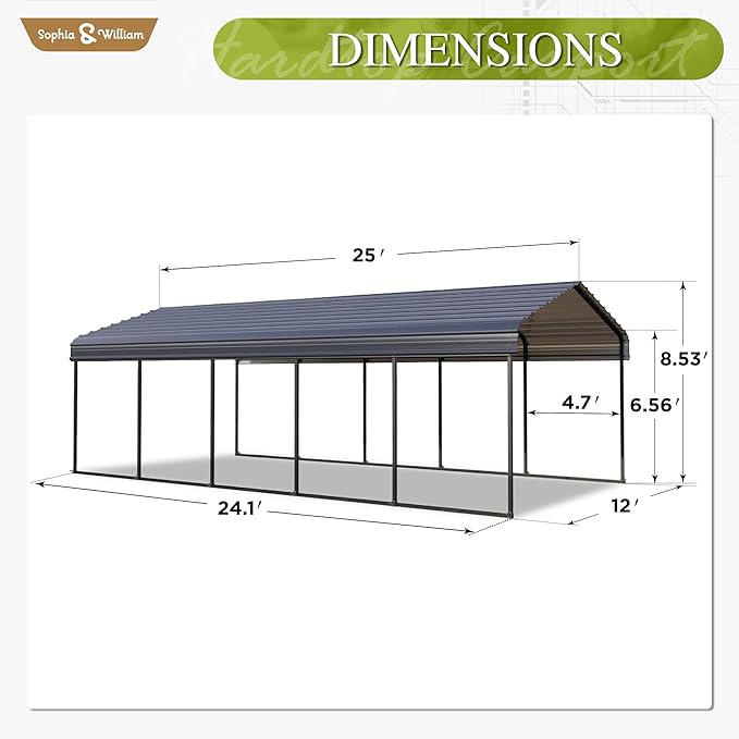 Sophia & William Carport Car Port Metal Canopy 12x25 ft Heavy Duty for Snow, Portable Garage Kit Shed Tent Shelter Metal Frame All Weather Outdoor for Boat with Anti-Leak Seam Taped, Dark Grey