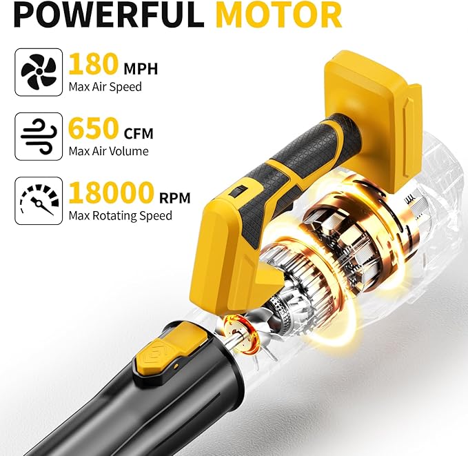 Cordless Leaf Blower 650 CFM, 6 Speed Modes, Electric Leaf Blower Cordless with 3 Tubes & 2x4.0Ah Batteries, 21V Battery Powered Leaf Blowers for Patio, Yard, Garage Cleaning (Yellow)