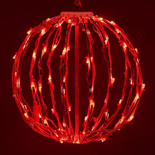 LED Light Ball Indoor-Outdoor Christmas Hanging Tree Globe Light Sphere, Fold Flat Metal Frame (12", White Frame/Red String Lights)