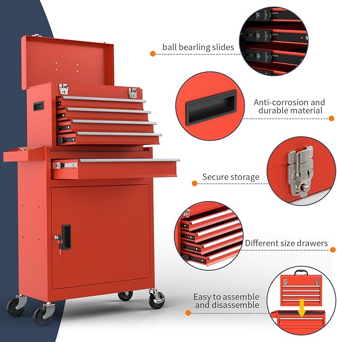 5-Drawer High Capacity Rolling Tool Box, Removable Cabinet Storage Tool Chest with Wheels and Drawers, Detachable Toolbox with Lock for Mechanics Garage Workshop and Tool Room (Red)