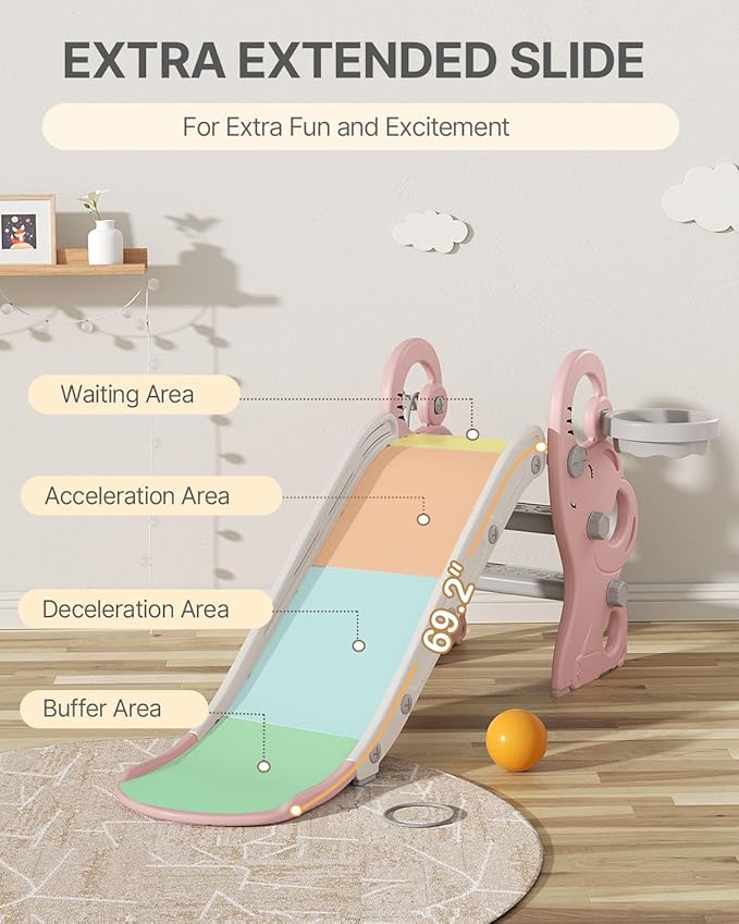 Babytronic Toddler Slide, Kids Indoor Outdoor Playset with Basketball Hoop & Ring Toss, Foldable Baby Plastic Slide, Outdoor Playground Climber Slide (Pink&White)