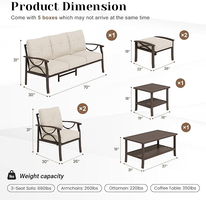 7-Pieces Outdoor Patio Furniture Set, Outdoor Metal Sectional Furniture with Cushions, Outdoor Conversation Seating Set with Coffee Table for Backyard,Garden, Balcony, Deck, Backyard, Khaki