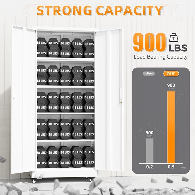 Superday 72¡± Metal Cabinet with Wheels, Lockable Steel Utility Cabinet with 2 Doors and 4 Adjustable Shelves, Tall Storage Cabinets for Garage, Home Office, Kitchen Pantry, Living Room, White