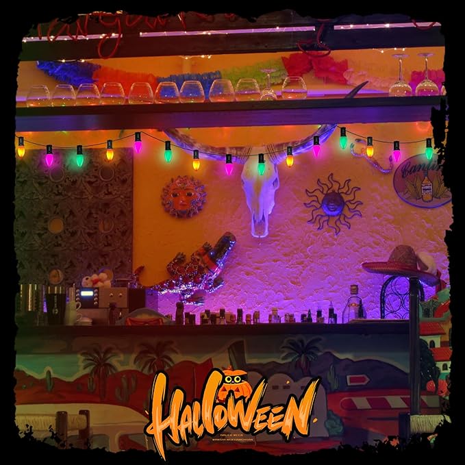 C7 Outdoor Halloween Lights Waterproof, 25Ft LED Outdoor Halloween Decorations Lights with 27 C7 Orange, Purple and Green Bulbs, Hanging Backyard Light for Roofline Garden Patio Holiday Pathway Porch