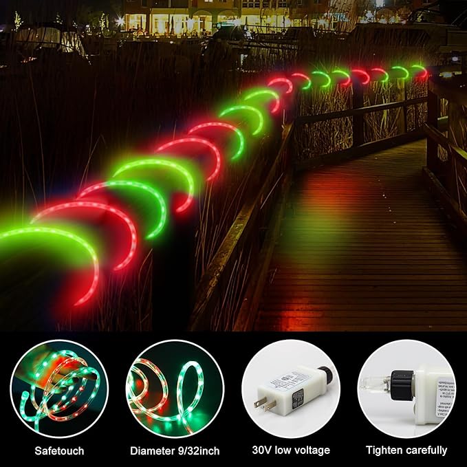 Christmas Rope Lights Outdoor, 100Ft 1200 LED Red and Green String Lights, Waterproof Tube Light Plug in 8 Modes Timer Memory, Permanent Christmas Lights for Tree Fence Yard House Decorations
