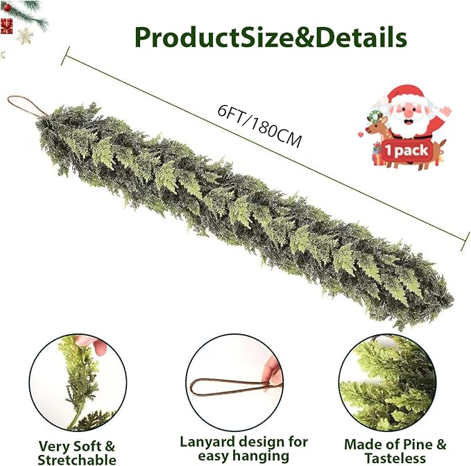AONEGOLD 1Pcs 6FT Christmas Garland, Artificial Norfolk Pine Garland with Hanger for Door Frame, Fireplace Mantel Home Decor, Realistic Green Cedar Pine Needle Holiday Decor for Christmas Party