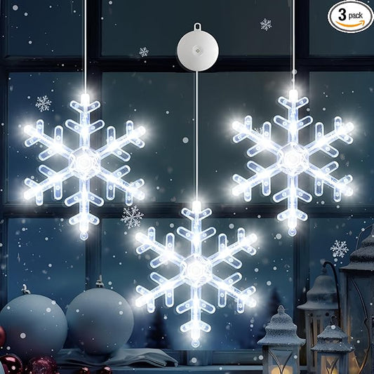 3Pack Christmas Window Lights Decorations with Timer, Battery Powered Christmas Hanging White Lighted Snowflake Shaped LED Sucker for Xmas Lamp Tree Fireplace Indoor Decor