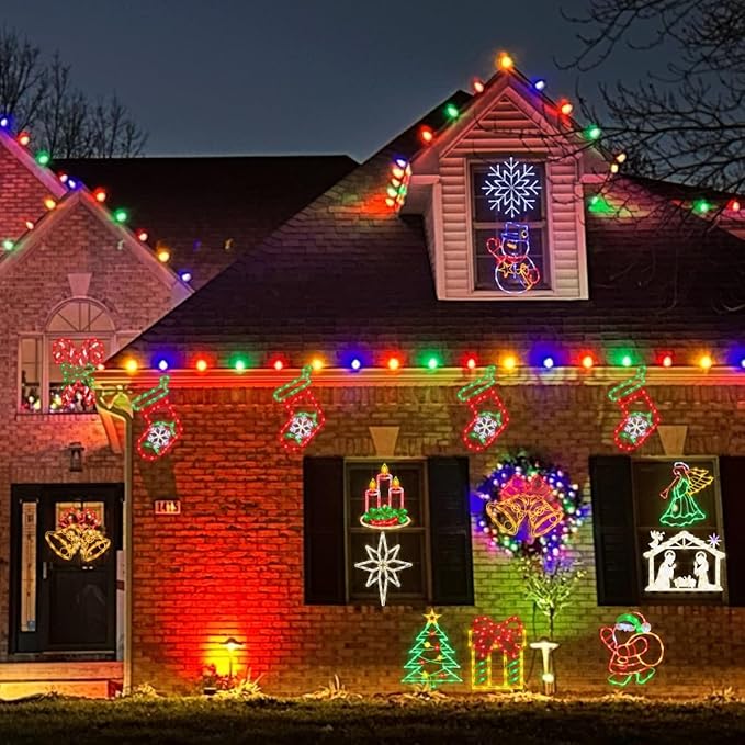 16" Christmas Window Silhouette Lights Decorations - 4 Pack Colour Lighted Snowman ＆ Christmas Stocking ＆ Bell＆ Snowflake for Holiday Wall Door Window Decorate