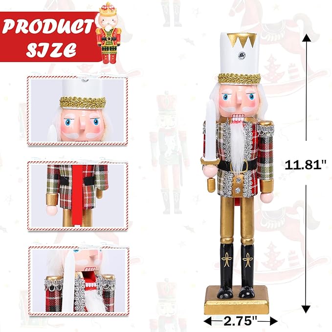 Christmas Nutcracker Decorations Nutcracker Figure 12 Inch Wooden Nutcrackers Collectible Ornament Nutcracker Soldier for Table Desktop Home Christmas Decor Xmas Indoor Decor Plaid Pattern