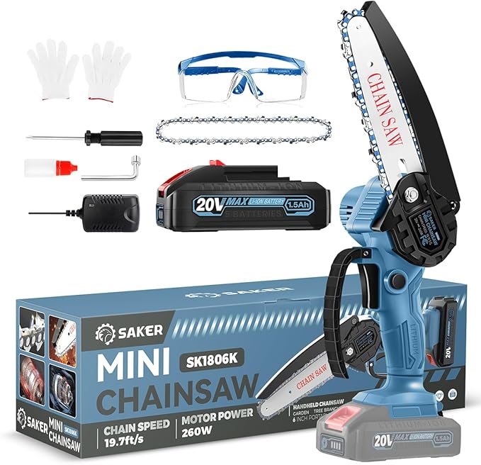 Saker Mini Chainsaw|6 Inch Chainsaws[2025 Upgraded]|Mini Cordless Electric Chain Saw|Small Handheld Portable Chain Saws Battery Powered Saw for Tree Trimmer and Garden,Christmas Gifts