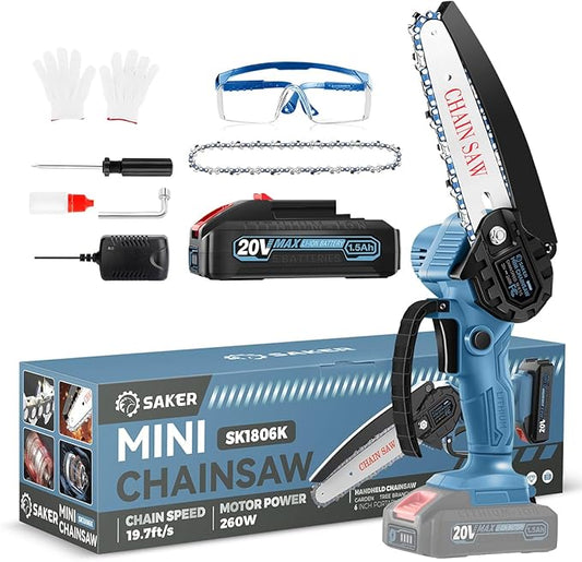 Saker Mini Chainsaw|6 Inch Chainsaws[2025 Upgraded]|Mini Cordless Electric Chain Saw|Small Handheld Portable Chain Saws Battery Powered Saw for Tree Trimmer and Garden,Christmas Gifts