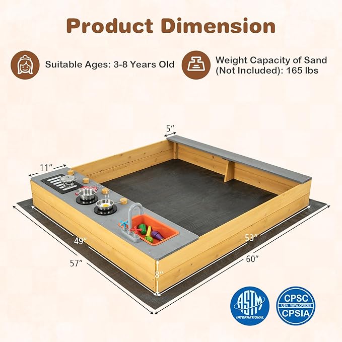 Costzon Kids Sandbox, Wooden Sand Pit w/Kitchen Playset Accessories, Water Faucet, Built-in Bench Seat & Bottom Liner, Outdoor Sand Box for Kids 3-8 Backyard Garden Bench