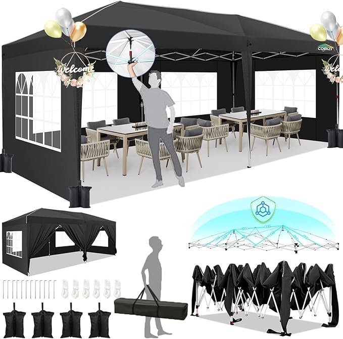 HOTEEL 10x20 Pop Up Canopy with 6 Sidewalls,One-Push Setup Canopy Tent with 8 Windbreak Poles,Waterproof Shade 10x20,Outdoor Canopies for Parties,Weddings,Camping,Patios (Black)