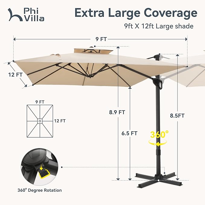 PHI VILLA 9'x 12' Large Patio Umbrella, Outdoor Aluminum Cantilever Umbrella with Double Top Rectanglar Canopy, Windproof Hydraulic Offset Umbrella for Pool, Deck, Garden, Beach, Porch, Beige