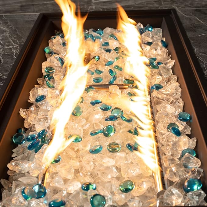 44in Outdoor Propane Gas Fire Pit Table, 50,000 BTU Auto-Ignition Gas Firepit with Glass Wind Guard, Marble Tile Tabletop, Mixed Color Glass Rocks, Brown PE Rattan¡¦