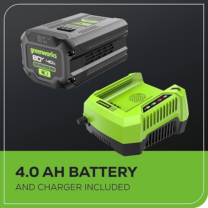 Greenworks 80V 21¡± Brushless (Self-Propelled) Cordless Electric Lawn Mower + (580 CFM) Axial Leaf Blower (75+ Compatible Tools), 4.0Ah Battery and 60 Minute Rapid Charger, Green and Black