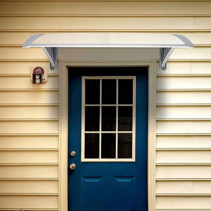 Window Awning Door Canopy Exterior- 32" x 40" Aluminum Door Awning, Polycarbonate Cover Patio Canopy Awning for House, Outside, Rain Snow & UV Resistant (Clear Board & Grey Bracket)