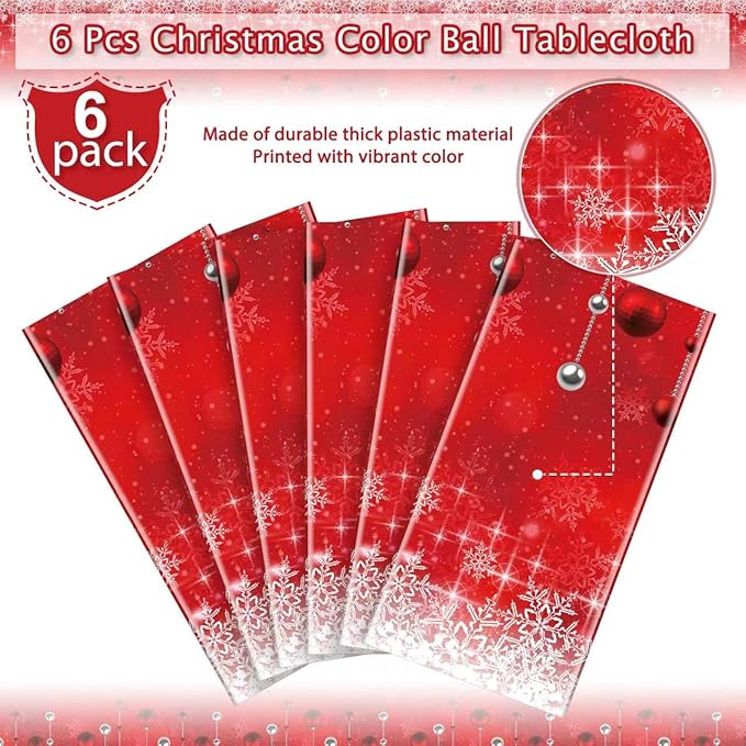 Jectivs 6Pieces Merry Christmas Tablecloth Plastic Christmas Tree Ball Table Cover Rectangle Winter Snowflake Tablecloth for Merry Christmas Holiday New Year Eve Party Decorations Supplies,54x108inch