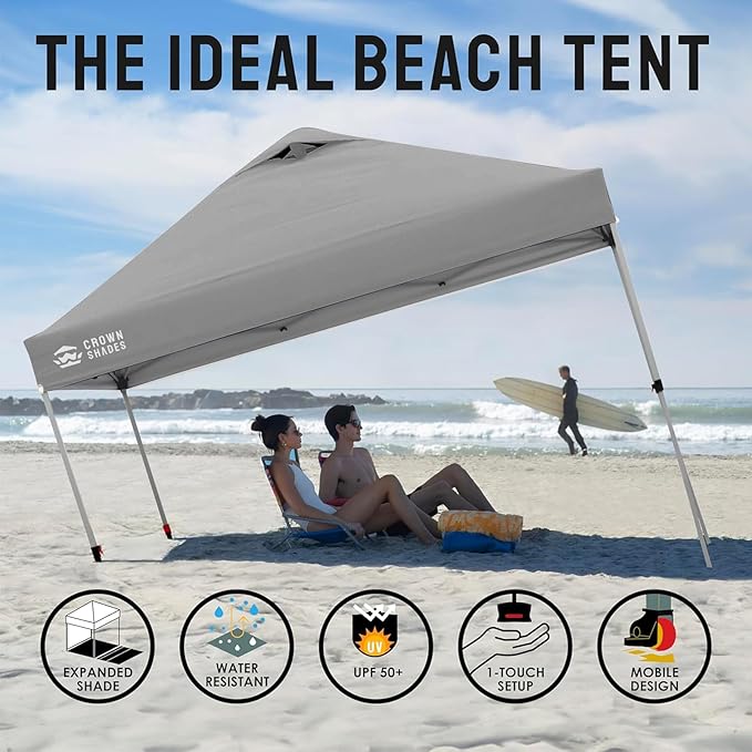 CROWN SHADES 10x10 Pop Up Canopy - Beach Tent with One Push Setup - Easy Outdoor Sun Shade Shelter for Events, Parties - Gazebo with STO-N-Go Cover Bag, Silver Coated Top,Light Gray