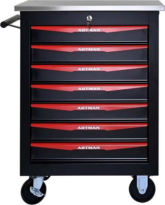 RYH 4/5/6/7 Drawers Rolling Tool Chest -Heavy Duty Mobile Metal Tool Box with Locking Wheels, with Stainless Steel Worktop, Garage Tool Storage Cabinet (Black, 7-Drawers 30.7 H¡¿22.2 W)