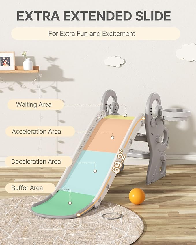 Babytronic Toddler Slide, Kids Indoor Outdoor Playset with Basketball Hoop & Ring Toss, Foldable Baby Plastic Slide, Outdoor Playground Climber Slide (Gray&White)