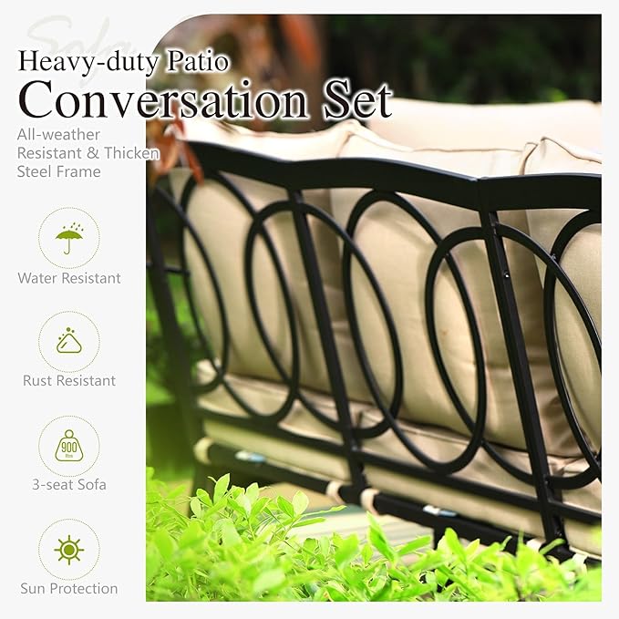 Sophia & William Patio Furniture Set, Outdoor Metal Conversation Set 7 Seats with 3-Seater Sofa, 2 Sofa Chairs, 1 Loveseat, 1 Coffee Table for Seating, Lawn Porch Backyard,Beige
