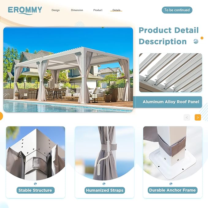 EROMMY Louvered Pergola 10' x 20' Outdoor Hard Top Pergola with Aluminum Frame and Adjustable Metal Rainproof Roof for Garden & Patio, Curtains and Netting Included, White