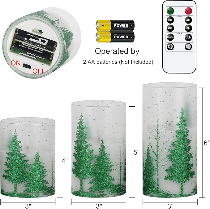 Wondise Glass Flickering Flameless Candles with Remote and Timer, Battery Operated 3D Wick LED Candles Christmas Tree for Christmas Holiday Home Decoration, Set of 3(D3 x H4,5,6 Inch)
