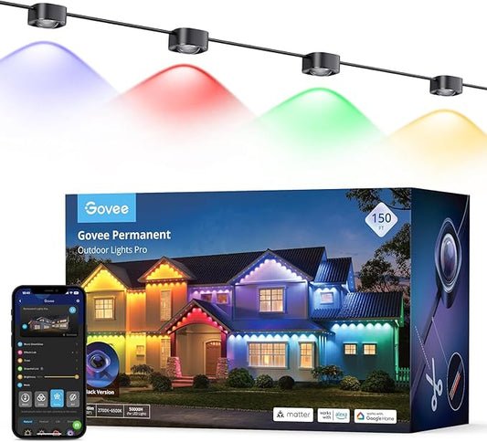 Govee Permanent Outdoor Lights Pro, 150ft with 90 RGBIC LED Lights for Daily and Accent Lighting, 75 Scene Modes for Outdoor Decor, IP67 Waterproof, Works with Alexa, Google Assistant, Matter, Black