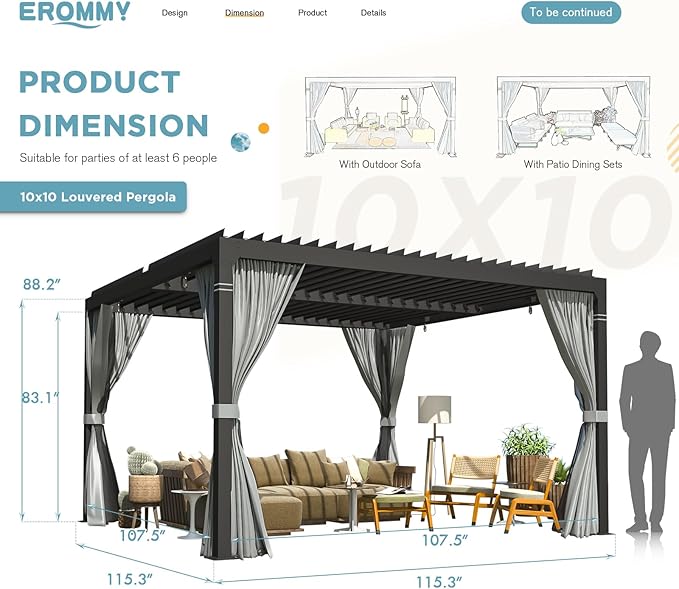 EROMMY Louvered Pergola 10' x 10' Outdoor Hard Top Pergola with Aluminum Frame and Adjustable Metal Rainproof Roof for Garden & Patio, Curtains and Netting Included, Gray-Black