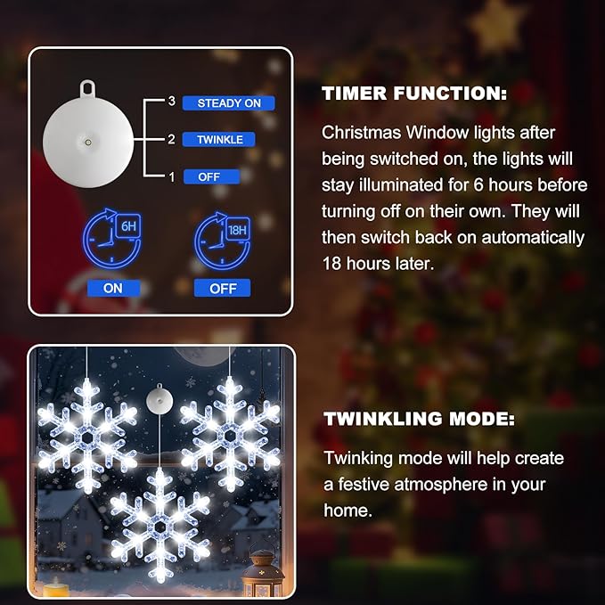 3Pack Christmas Window Lights Decorations with Timer,Battery Powered White Lighted Snowflake Shaped LED String Sucker for Xmas 2026 Hanging Fireplace Window Indoor Decor